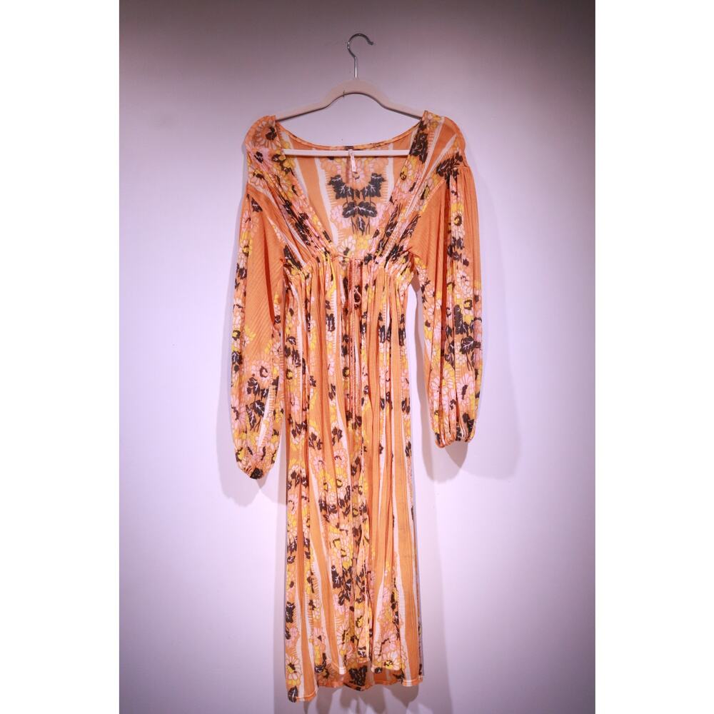 Free People Floral Boho Midi Dress Long Sleeve Flowy Peasant Style – Size XS